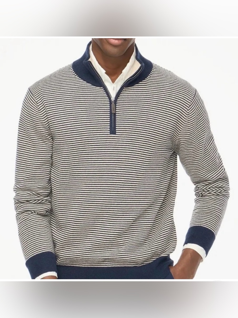 J Crew Men’s Cotton Navy Striped 1/4 Zip Pullover Sweater Nautical Preppy Large